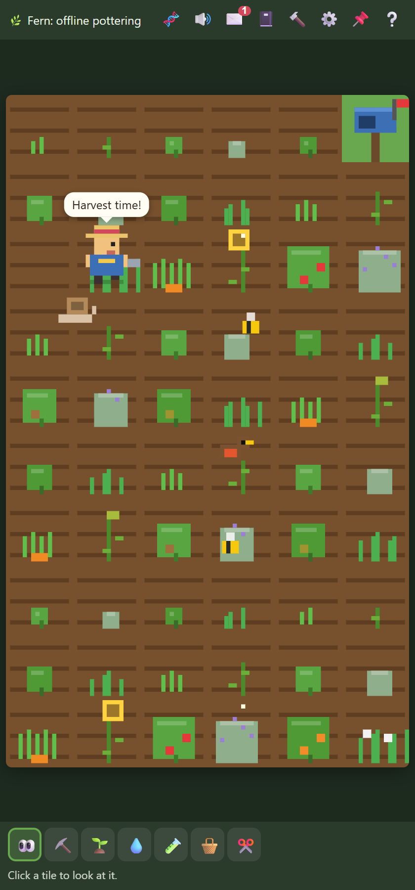 A tiny pixel gardener tends carrots, sunflowers and tomatoes, with bees, a robin and a snail.