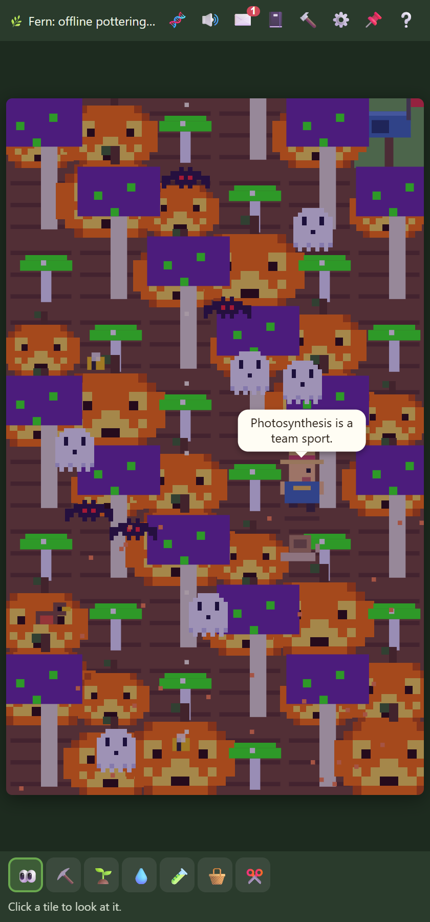 A haunted night garden filled with giant jack-o'-lanterns, bone trees, ghosts and bats.